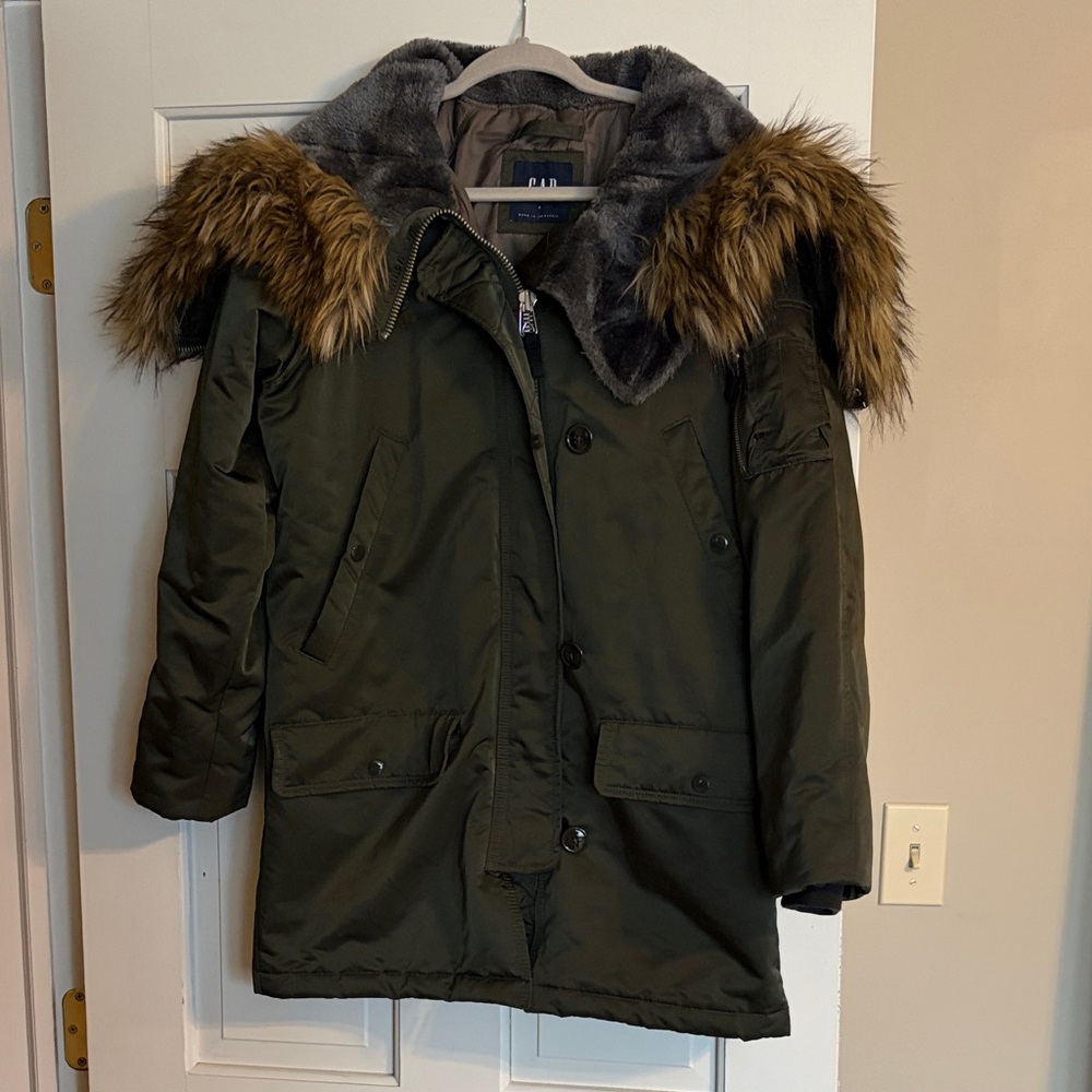 GAP Dark Green Coat with Faux Fur Hood